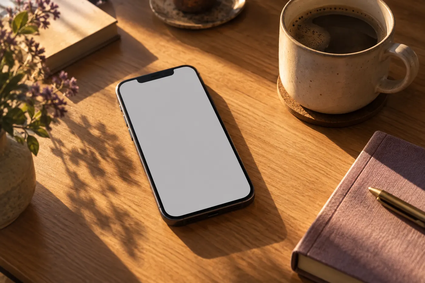 A phone on a sunlit desk
