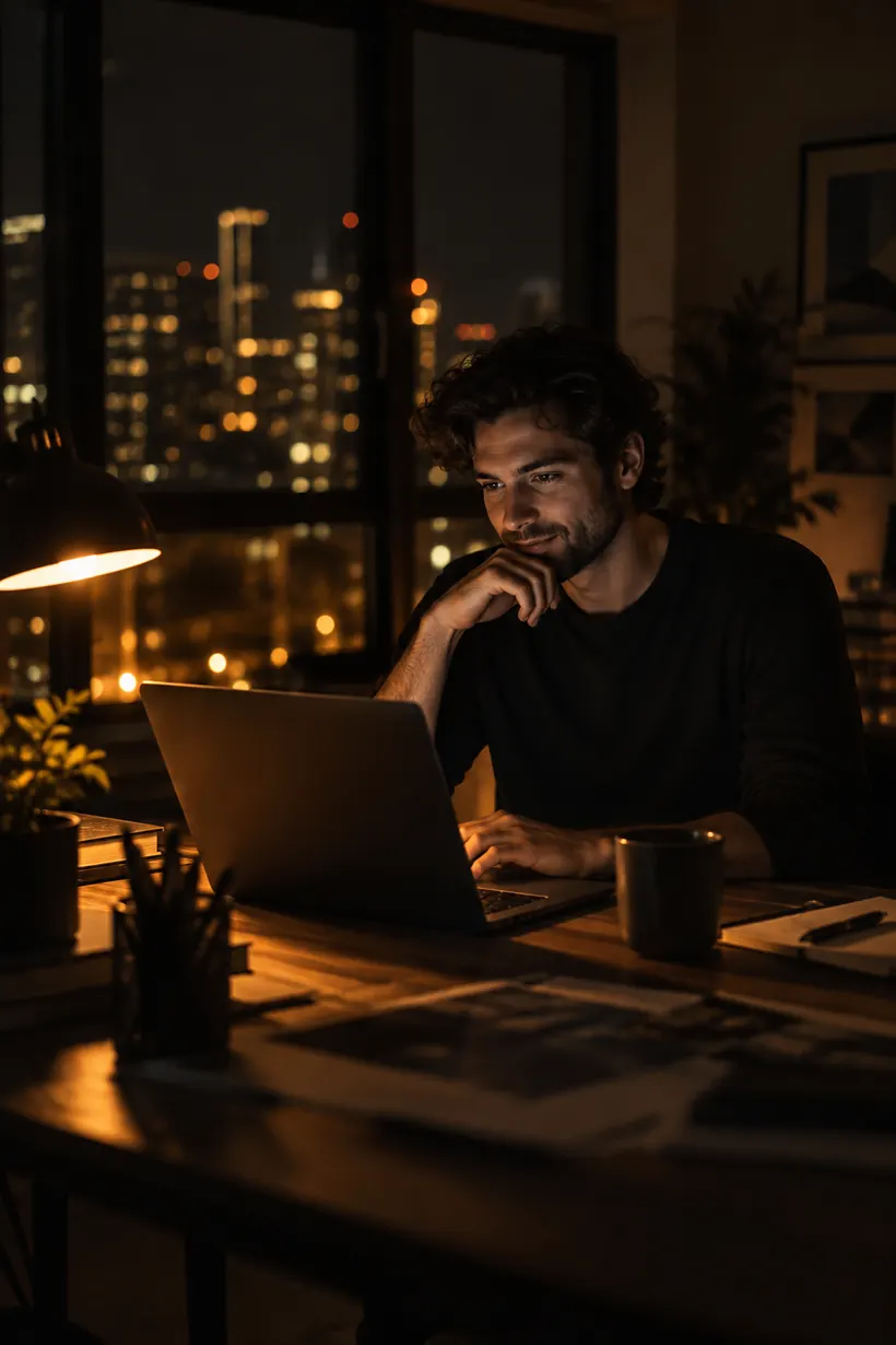 A studio owner working late at a laptop